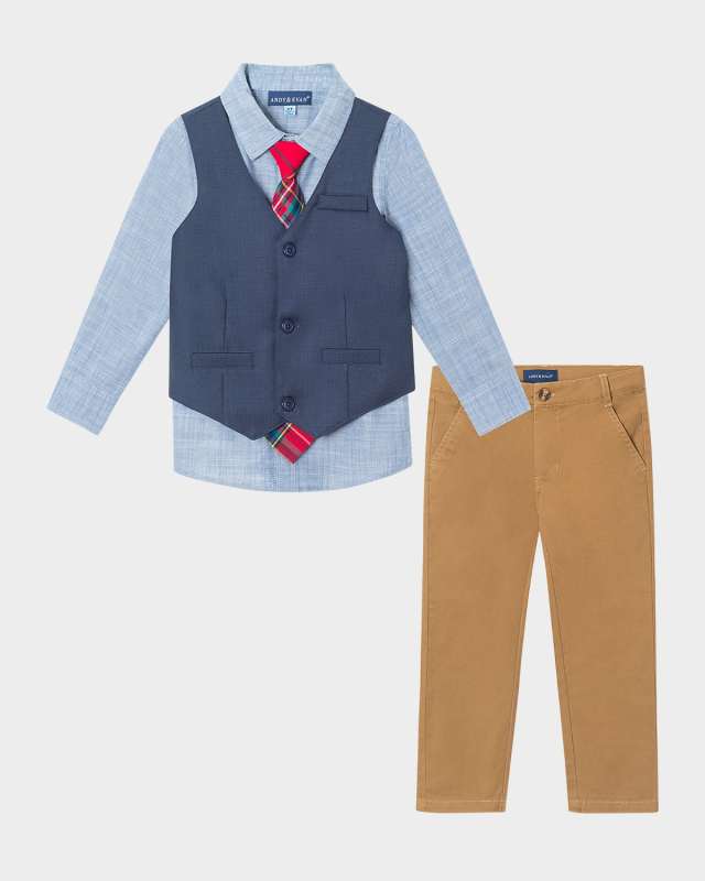 Boy's Chambray Button-Down W/ Tie Vest & Pants Set, Size 2T-